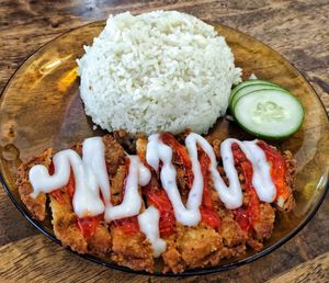 Chicken rice at Sanwa Moto Vegetarian - 三和 素 in Kuching