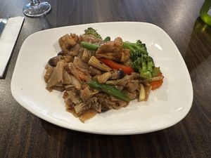 Drunken noodle no egg no fish sauce ! Spicy   at Thai Rak Thai  in Scranton