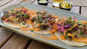 Blackbird Foods seitan tacos, pickled red onion, micro greens, spicy creamy salsa roja, asked for a side of grilled pineapple jalapeno pico, and avocado dressing. at Vibrissa Beer  in Winchester