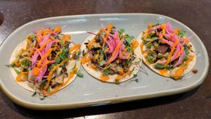 Blackbird Foods seitan tacos, pickled red onion, micro greens, and spicy creamy salsa roja. It's really hard to order anything else! at Vibrissa Beer  in Winchester