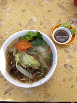 Noodle soup with shredded mock meat and meatballs  at Sir Si Pha in Kampong Cham