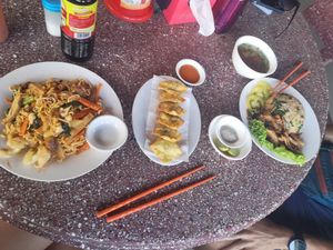 Noodle plate and rice plate. Dumplings. Really good at Sir Si Pha in Kampong Cham