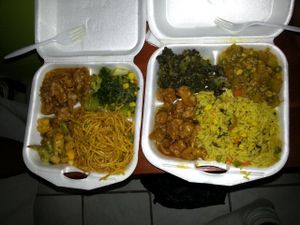 2x 4 dishes (BZ$10 each tray) at Vegan Bites in Belize City