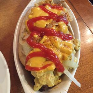 Mac and cheese Montreal Steamy w/ amazing house made sausage at Veggie Bob's Kitchen in Fort Langley