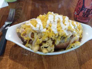 Hot dog with mac n cheese at Veggie Bob's Kitchen in Fort Langley