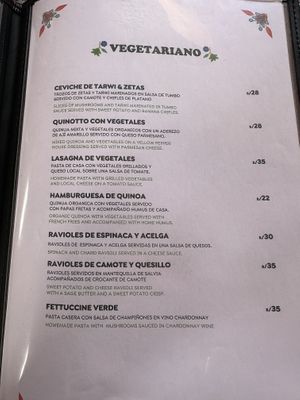 Vegetarian menu  at Nina Del Valle in Ollantaytambo