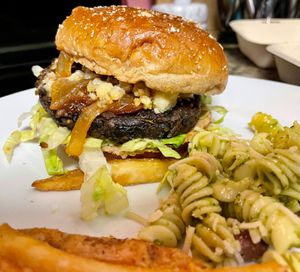 Steakhouse burger  with veggie burger swap at Veggie Grill by Next Level in Carlsbad