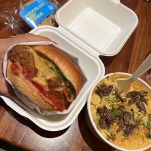 new menu items!! (SO GOOD!!) pesto chicken parm sandwich and truffle mac and cheese 😍  at Veggie Grill by Next Level in Carlsbad