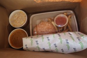 Bbq chikin wrap, Mac and cheez, corn bisque soup, and a burger with fries :) at Veggie Grill by Next Level in Carlsbad
