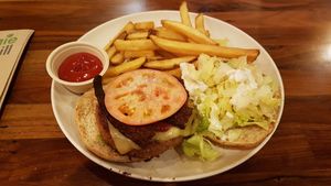 Steakhouse burger with beyond meat steak at Veggie Grill by Next Level in Carlsbad