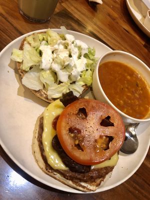 Steak burger and soup  at Veggie Grill by Next Level in Carlsbad