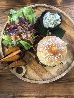 Mushroom and chickpeas veg burger   at Samadi Kitchen Lab in Canggu