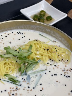 Kongguksoo. Corn starch noodle in cold Kongmul. (soy bean water: grinding soaked soy bean with water in a blender)  at Monggeul Monggeul - 몽글몽글 in Seoul
