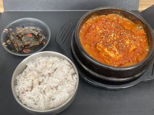 Rice, Braised Tofu (Dubu Jorim), Perilla leaf side dish   at Monggeul Monggeul - 몽글몽글 in Seoul