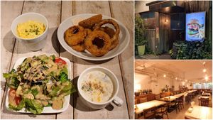 Delicious vegan Mac & Cheese, lovely soup, crispy onion rings, healthy salad! :) at AIN SOPH.Soar in Tokyo