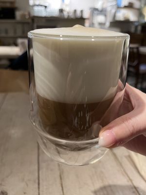 Hojicha soy latte that is more foam than drink  at AIN SOPH.Soar in Tokyo