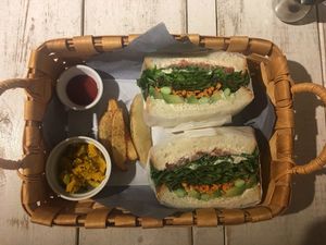 Spinach, avocado, tomato and carrot sandwich with home made chips and pumpkin at AIN SOPH.Soar in Tokyo