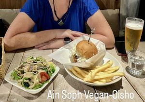 Soy cutlet burger with slaw, side salad with sesame dressing - oishi!!!  at AIN SOPH.Soar in Tokyo