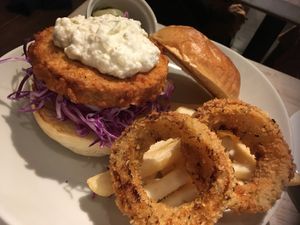 Crispy soy chicken with side of onion rings. Super crispy onion rings yummy! at AIN SOPH.Soar in Tokyo