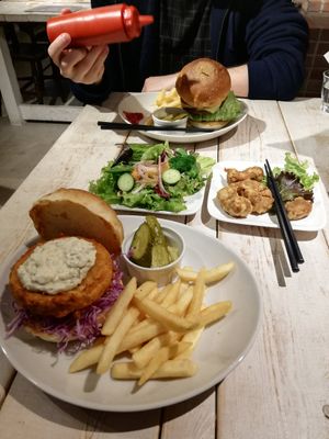 Chicken burger, ripple cheese burger, karaage and side salad at AIN SOPH.Soar in Tokyo