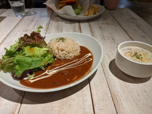 Mushrooms and tomato curry with veggie chowder at AIN SOPH.Soar in Tokyo