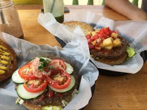 burgers! at Roots Wraps and Smoothies in San Ignacio