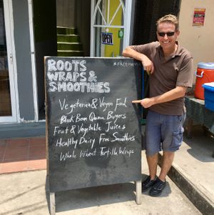 look for the big sign at Roots Wraps and Smoothies in San Ignacio