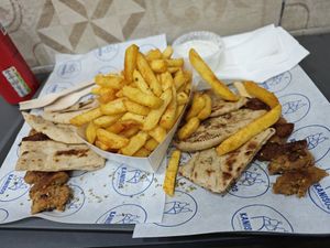 2 vegan souvlaki + fries and vegan mayo at Kanisos in Uccle