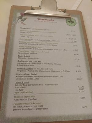 Speisekarte at Traditionsgasthof Weissbacher in Wildschonau
