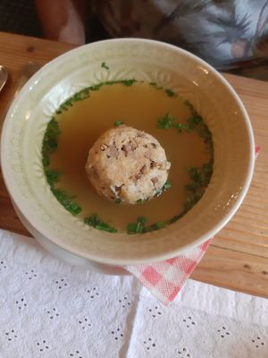 Vegan soup with Tiroler bacon dumpling at Traditionsgasthof Weissbacher in Wildschonau
