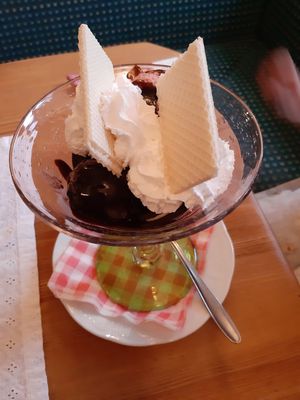 Big vegan oreo coupe with black chocolate and strawberry icecream with vegan wipped cream. at Traditionsgasthof Weissbacher in Wildschonau