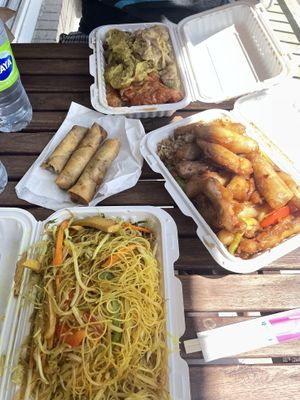 Top to bottom: assorted gluten (mix of soft and firm), spring rolls, ginger beef on fried rice, and Singapore noodles   at Happy Veggie House in Calgary