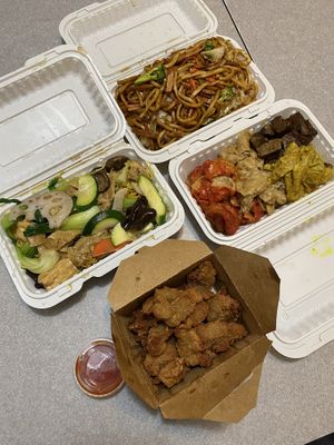 Left to right, top to bottom: vegetarian meat and fried Shanghai noodles, veggie house chow mein, assorted wheat gluten, garlic dried ribs   at Happy Veggie House in Calgary