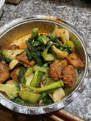 Kung pao chicken - wonderfully seasoned veggies and seitan-based chicken!  at Happy Veggie House in Calgary