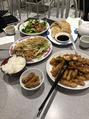 Vegan ginger beef, Shanghai noodles, dumplings, and vegan beef and broccoli  at Happy Veggie House in Calgary