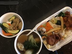 Wonton soup and faux chicken n veg.  Excellent!! at Happy Veggie House in Calgary