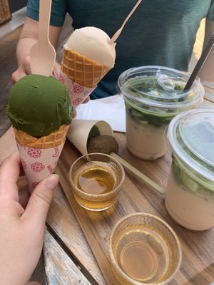 Ice cream, matcha, and daifuku dumplings. All vegan!   at Sumekamicha in Kyoto