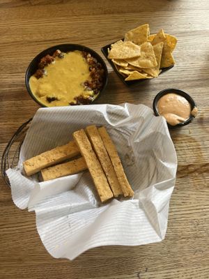 Tofu fries and chili with vegan cheesee  at Casa Nueva in Athens