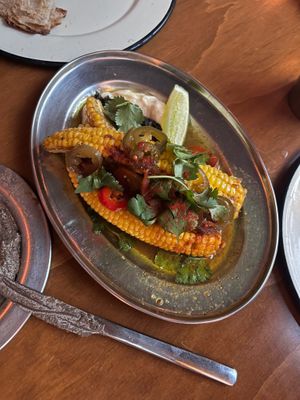 Grilled corn with peppers. They use butter so it is not vegan. at CHUI in Mexico City