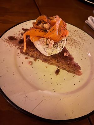 Carrot cake - vegan. Really luscious icing that wasn’t greasy, had a light cardamom flavour. Sweet strips of real carrot were a nice touch.  at CHUI in Mexico City