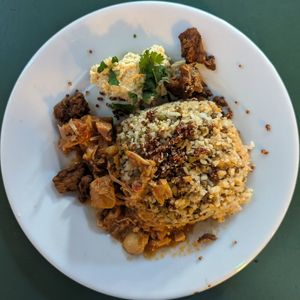 rice with jackfruit and hummus at Vrijplaats in Leiden