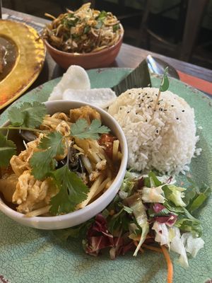 Vegan coconut kari with ‘vegan bites’, aubergine and bean sprouts, served with rice and salad. Side of soya noodles.   at Banana Tree - Wardour in London