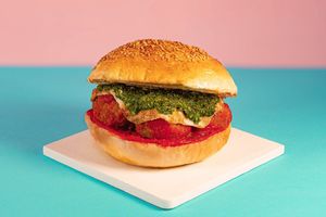 Purpetta Bun: Eggplant Meatballs in Tomato Sauce, plant-based Provola and Basil Sauce at Green M'ama  in Rome