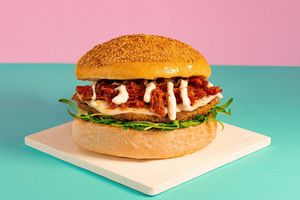 Mama Bun: Eggplant Cutlet, plant-based Provola, sun-dried Tomatoes, Garlic Yogurt Sauce, Rocket at Green M'ama  in Rome