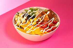 Caesar Salad: Lettuce, Rocket, veg Cutlet, Green and Black Olives, julienned Carrots, Cherry Tomatoes, Croutons, Caesar dressing at Green M'ama  in Rome