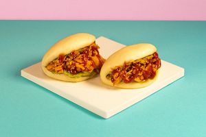 Green Bao (2pcs): Bao bun with plant-based Salmon, Guacamole, Crispy Onion and Balsamic Vinegar Glaze at Green M'ama  in Rome