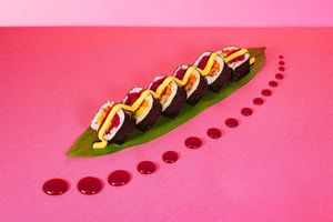 Futomaki (6pcs): Futomaki with Carrots, veg Cutlet, purple Cabbage, Cucumbers, Mayonnaise and Teriyaki Sauce at Green M'ama  in Rome