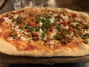 Vegan meatball aubergine pizzaa  at Zizzi - Belfast Odyssey in Belfast