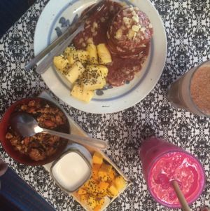 Pancake stack, granola and smoothies. at DAO of Life in Sihanoukville