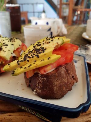 Avocado and tomato toasts  at DAO of Life in Sihanoukville